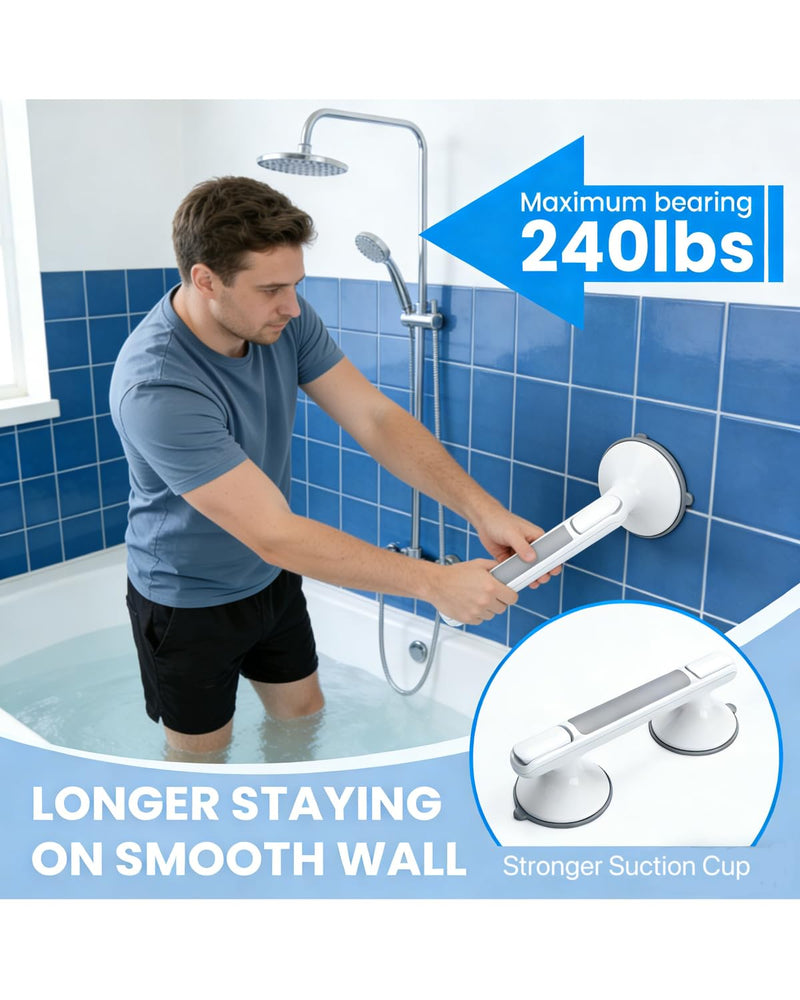 Grab Bars for Bathtubs and Shower (2 Pack), 12 Inch Shower Handle with Locking Latches, Tool-Free Bathroom Safety Suction Grab Bar for Bathtub, Shower and Toilet, Non-Slip Grip for Elderly & Children