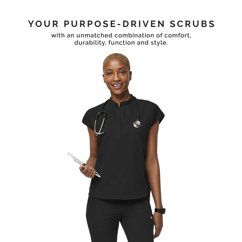 FIGS Rafaela Oversized Scrub Top for Women — Mandarin Collar, Shirttail Hem, 3 Pockets, 4-Way Stretch Small Black 3.0