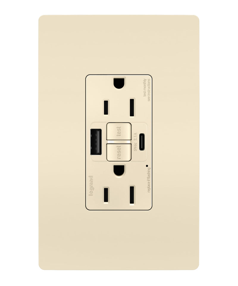 Legrand Pass & Seymour Radiant 15 Amp GFCI Wall Power Outlet with 2.0 Amp USB A/C Charger, Light Almond