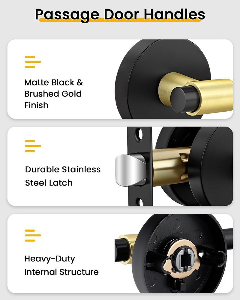 Goldenwarm 1 Pack Black and Gold Passage Door Handle, Matte Black Closet Door Handle, Black and Gold Interior Lever Door Handles for Hallway, Closet