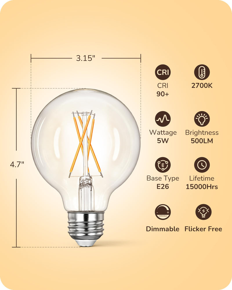 EDISHINE 6 Pack G25 Globe Light Bulbs, Dimmable Vintage LED Edison Bulbs, CRI90+ 5W Equivalent 60W, Clear LED Filament Vanity Light Bulbs, 2700K Warm White, 500LM, E26 Base Clear Glass Edison 2700K Warm White