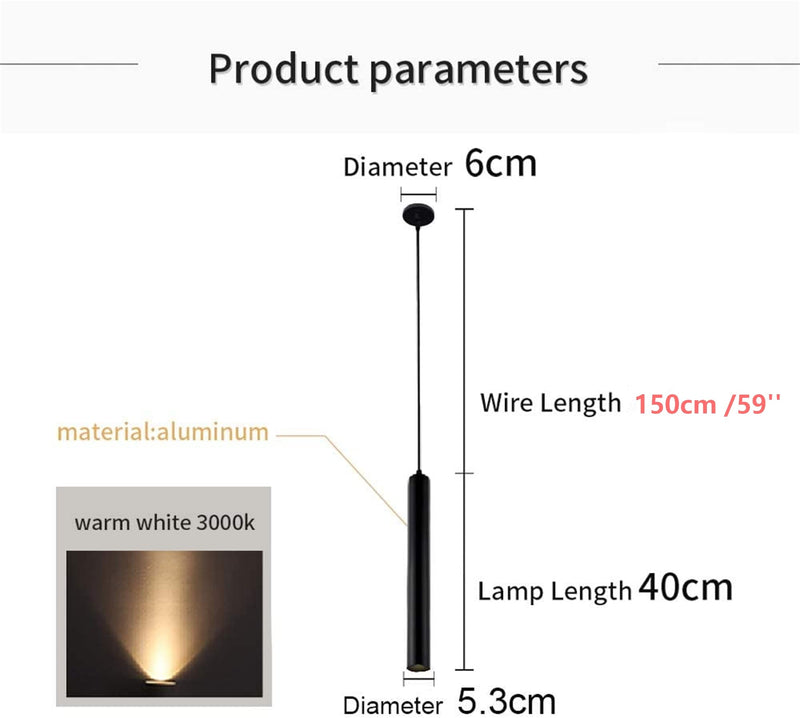 110v 12W Dia 5CM L40CM Tube LED Modern Pendant Lights Spot Light for Island Dining Living Room Bar Counter Shop Ceiling Kitchen Lights Hanging lamp Downlight Light fixtures Black 3000K