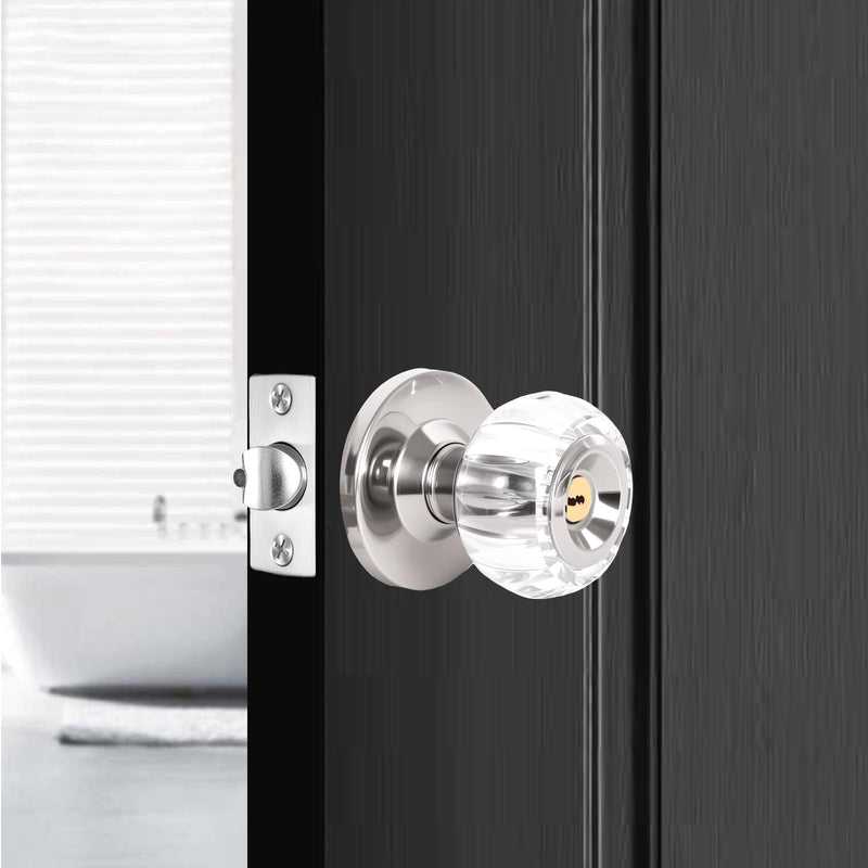 Crystal Door Knobs with Lock and Keys, Keyed Entry Glass Door Knobs, Exterior and Interior Door Lock with Keys, Clear Diamond Door Knob for Bedroom Bathroom, Stain Nickel, 1 Pack