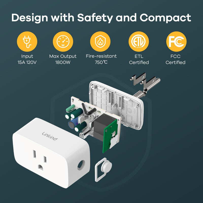 Linkind Matter Smart Plug, Work with Apple Home, Siri, Alexa, Google, SmartThings, Smart Home Smart Outlet Timer 15A/1800W, APP Remote Control & Schedule, 2.4G Wi-Fi Only, 4 Pack