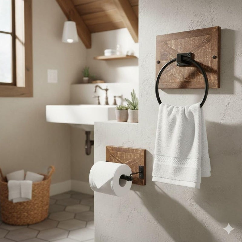 Autumn Alley Rustic Farmhouse Toilet Paper Holder and Towel Ring, Wall Mount, 2 Set - Country Western Decor Wall Toilet Paper Holder and Bathroom Hand Towel Holder Decor, Wooden