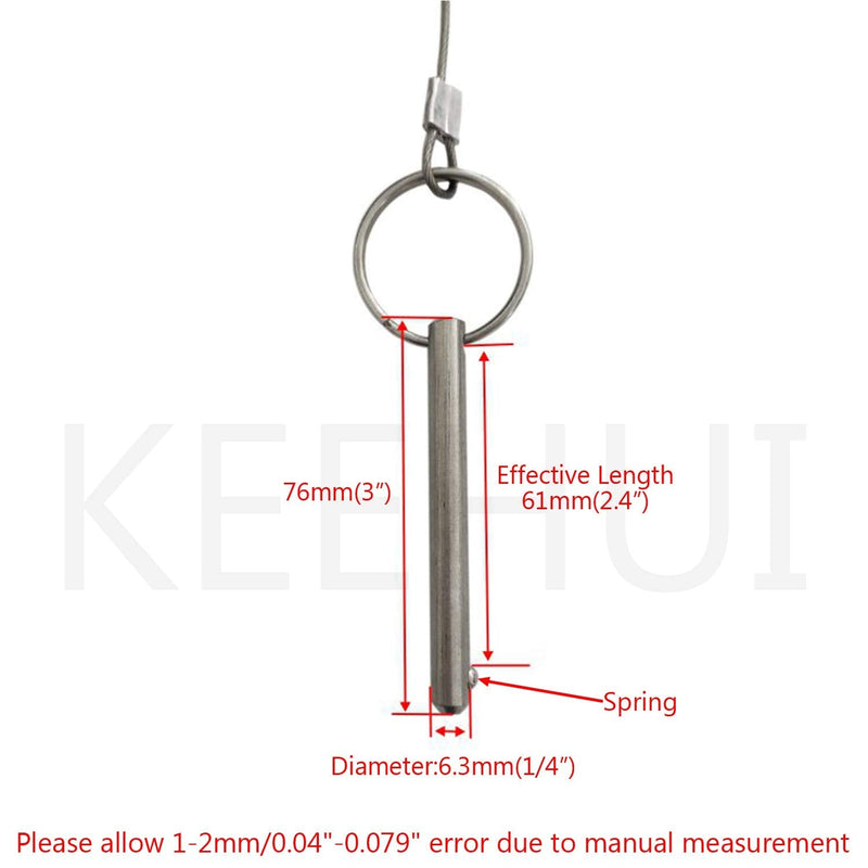 4PIECES of Quick Release Pin 1/4" Diameter, Usable Length 2.4"(61mm), Total Length 3"(76mm) Full 316 Stainless Steel, Bimini Top Pin, Marine Hardware 4PACKS