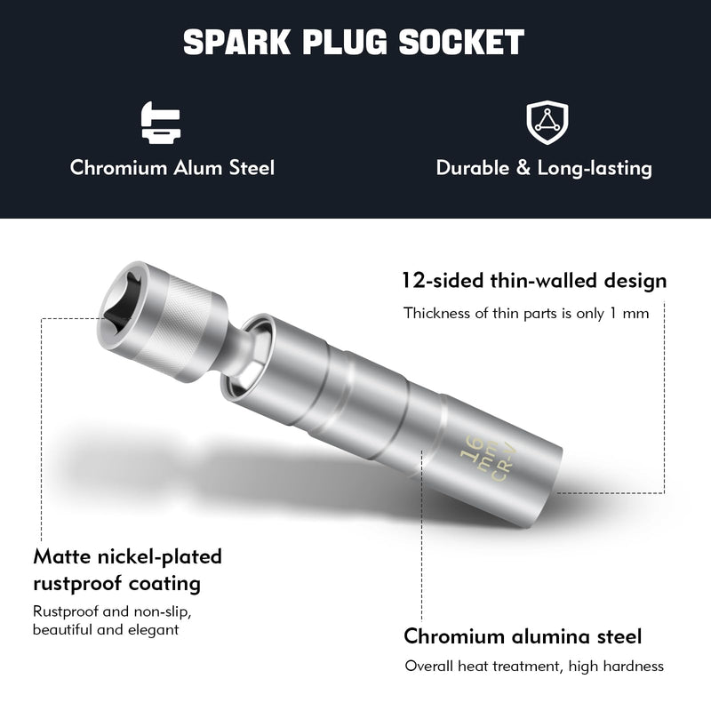 14mm&16mm Spark Plug Socket, 5/8 Spark Plug Socket Swivel for Maximum Flexibility, Thin Wall 12 Point Spark Plug Socket Set with Magnetic Design for Most Car Models