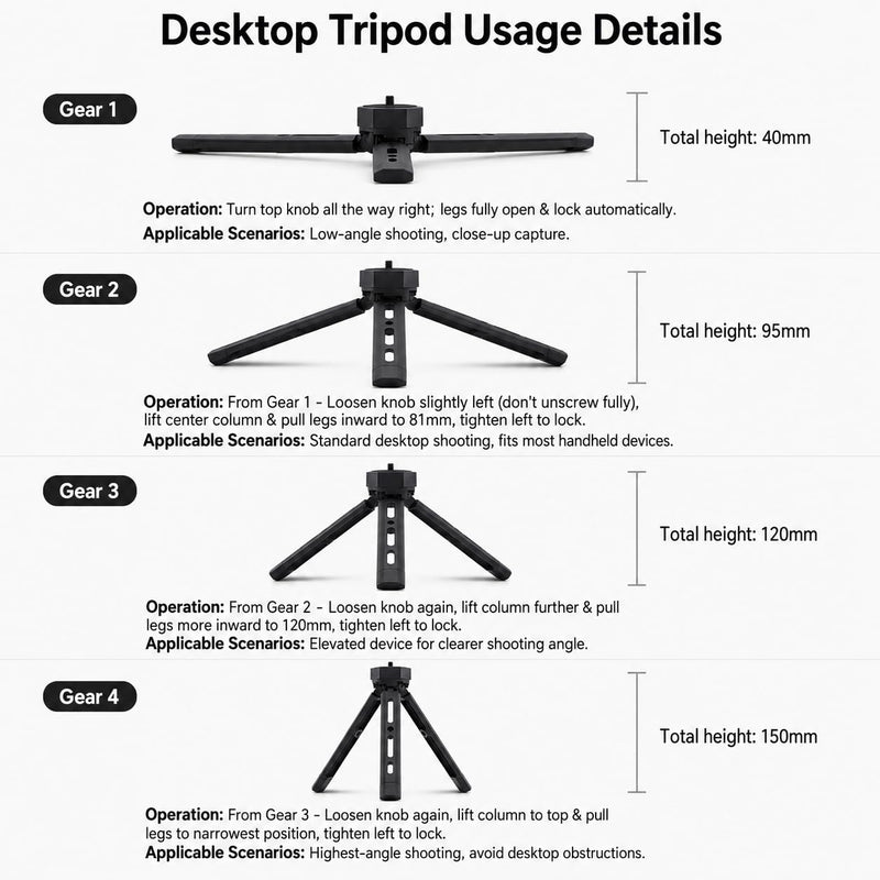 Aluminum Mini Table Tripod with 1/4 Inch Screw, 4-Level Adjustable Height, Foldable Portable Camera Stand for Phone Holder, Camera Gimbal, Action Cam, Camcorder, Microphone and Fill Light, Black
