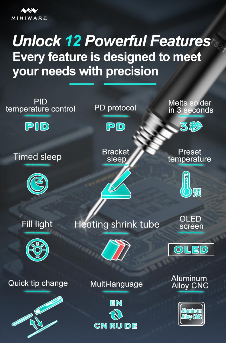 Soldering Iron Kit TS21,Front Lighting,3 Seconds Melts Solder,Fast Heating,DC9-24V Max 100W Soldering-Iron Gun with Adjustable Temp 100-450℃,Compatible with 210 type Iron Tips