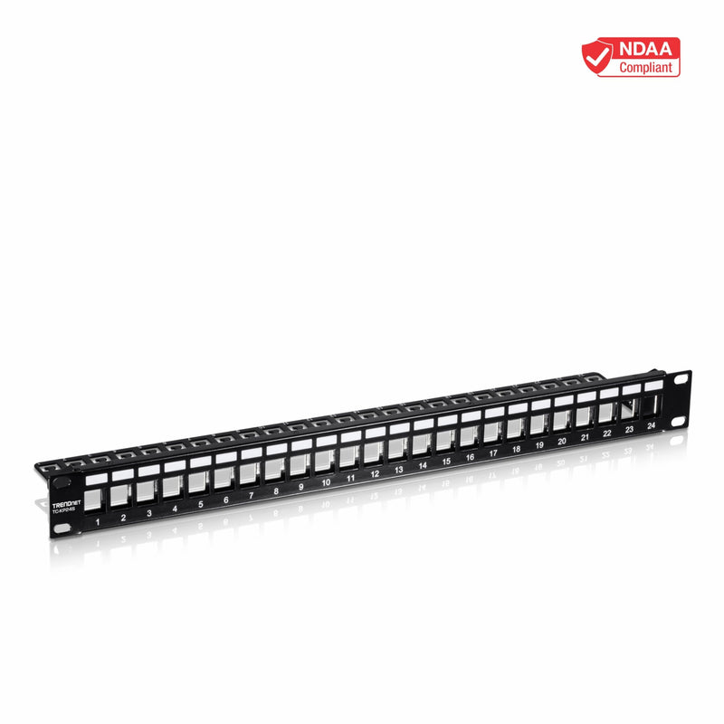 TRENDnet 24-Port Blank Keystone Shielded 1U Patch Panel, 1U 19" Rackmount Housing, Protects Against EMI/RFI Noise, Recommended with TC-K06C6A Cat6A Keystone Jacks (Sold Separately), Black, TC-KP24S 24-Port Shielded Blank Keystone