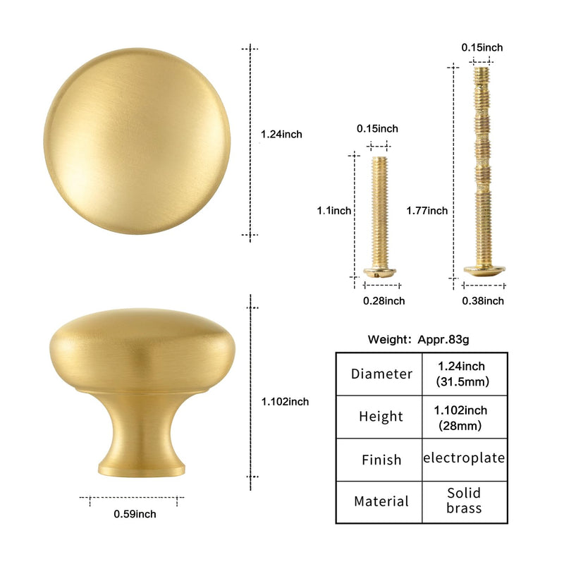 SALISENG Brushed Gold Kitchen Cabinet Knobs -5 Pack Solid Brass Handle for Dresser Drawer,1-1/4 Inch Diameter, Modern Round Cupboard Closet Vanity Pulls - Furniture Hardware for Bathroom Bedroom 1-1/4 Inch Diameter
