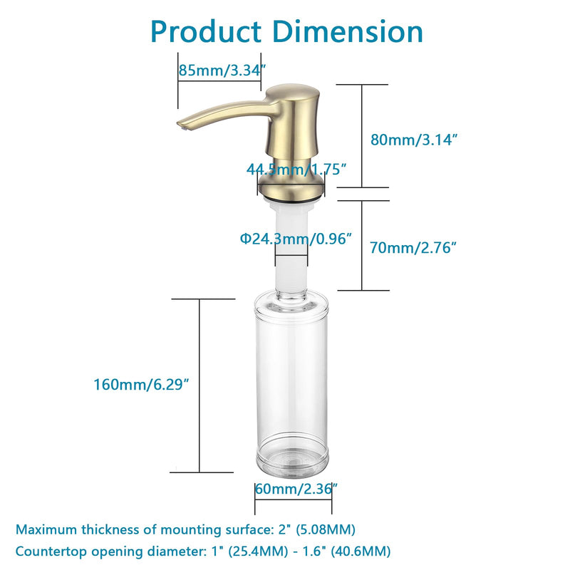 Soap Dispenser for Kitchen Sink, Built in Sink Soap Dispenser Brushed Gold 360° Swivel ABS Pump Head Champagne Gold with 11 Ounce Soap Bottle