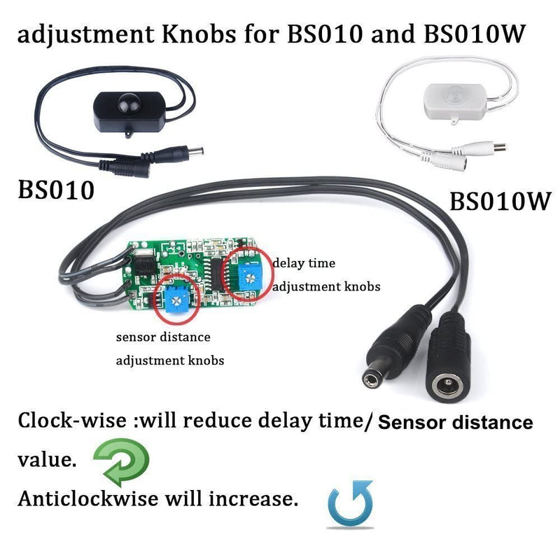 2 Pack Sensky BS010H DC 12V to 30V 3A Mini Pir Motion Sensor Switch,Occupancy Sensor Switch for Kitchen Cabinet, Pantry, Closet led Lighting (Delay Time, Sensor Distance, Adjustable) 2 Piece,Black-Without Light Sensor
