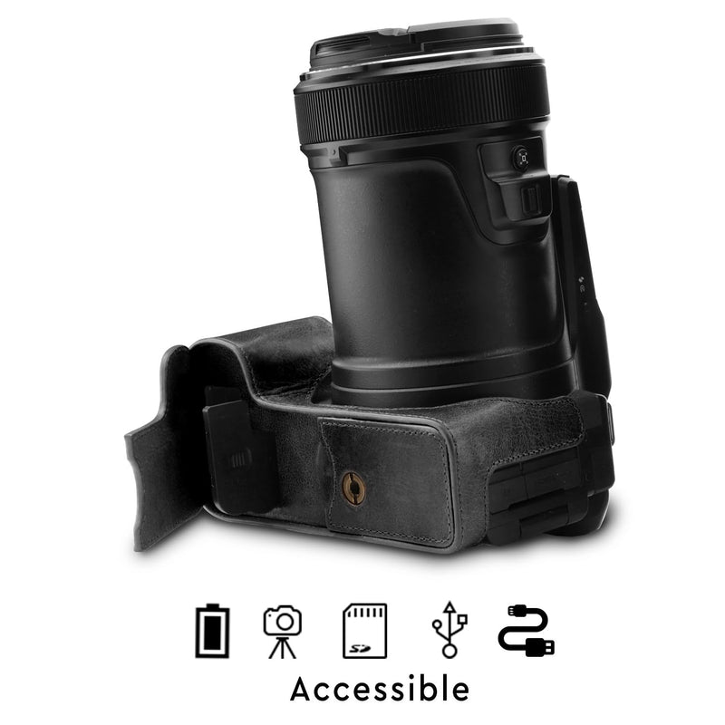 MegaGear Genuine Leather Half Camera Case Compatible with Nikon Coolpix P1100 Black