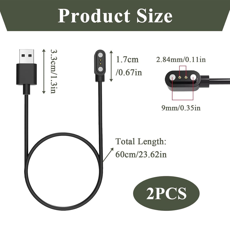 2-Pack Magnetic Smartwatch Charger for BIGGERFIVE Brave 2 BW01 BW02, Replacement USB Power Cord for Kids Fitness Tracker, 2-Pin Magnetic Suction Charging Cable Accessory, 2ft/60cm (NOT for Vigor 2L)
