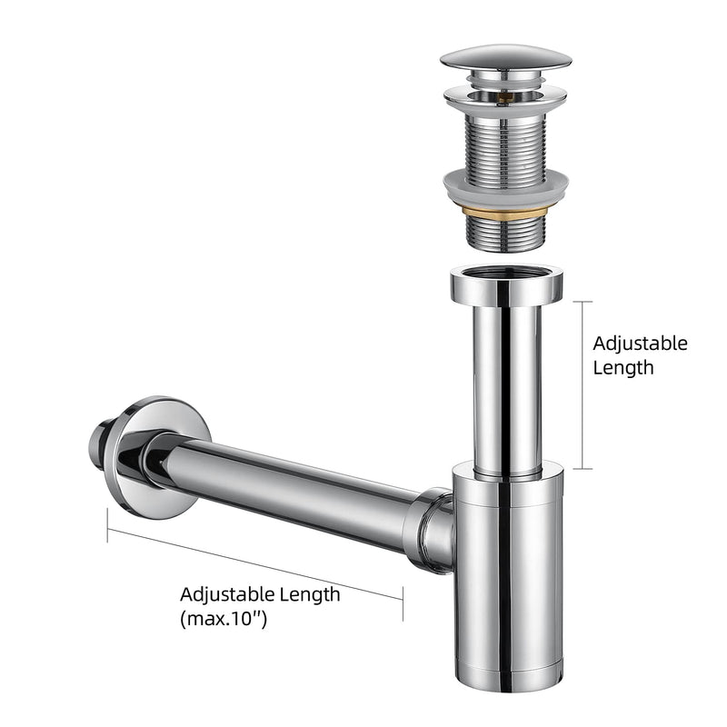 Bathroom Sink Stopper P-Trap Complete Set Adjustable 1-1/4 Sink Drain Kit Tube Solid Brass Bottle Trap w/Pop Up Drain Stopper Set, No Overflow Version, Chrome Silver
