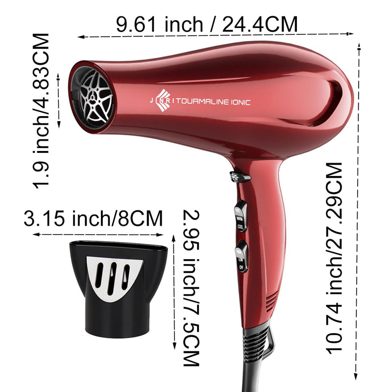 Hair Dryer - JINRI Powerful Blow Dryer, Ionic Frizz-Control, Fast Drying, Professional and Lightweight, 3 Heat & 2 Speed Settings, Red