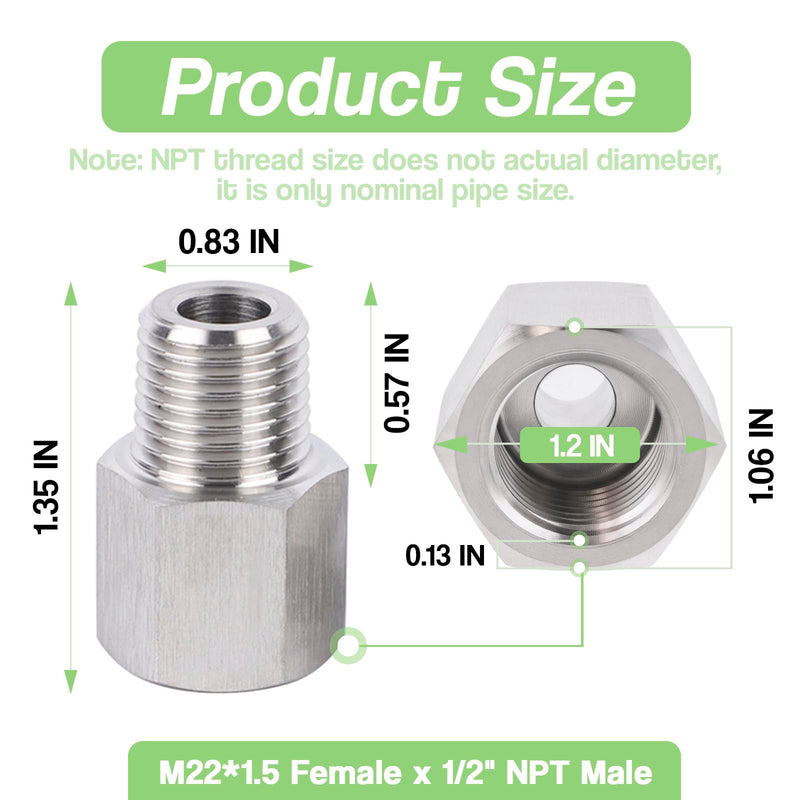 Stainless Steel 304 M22*1.5 Female Thread x 1/2" NPT Male Adapter Metric Convert NPT Pipe Fiiting for Pressure Gage 1pc M22*1.5 Female x 1/2" Male NPT