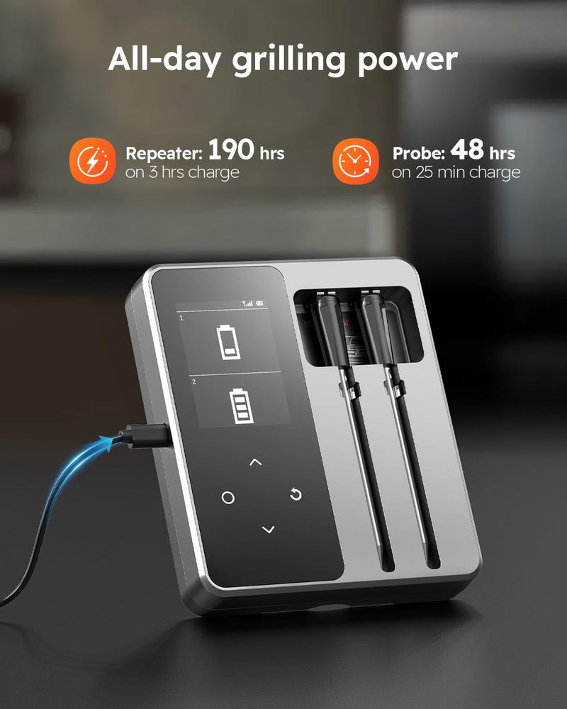 Wireless Meat Thermometer with App Control, 600FT Bluetooth Range, Dual Probes & 6 Sensors, 0.5S Instant Read, LCD Display, IP67 Waterproof Real-Time Monitoring & Smart Alerts for BBQ, Grill, Oven Black