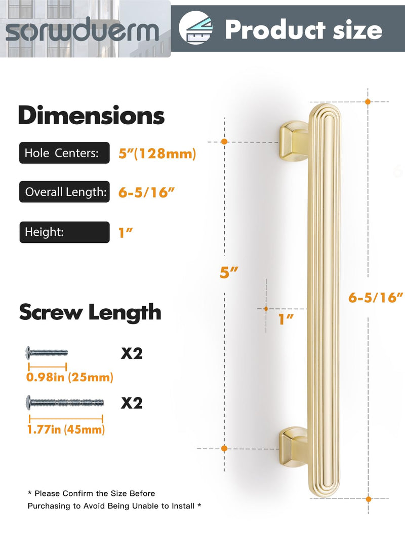 SORWDUREM 5 Pack 5 Inch(128mm) Brushed Gold Cabinet Pulls Drawer Pulls Kitchen Hardware Cupboard Kitchen Hardware Cabinet Handles 5"(128mm) Hole Center