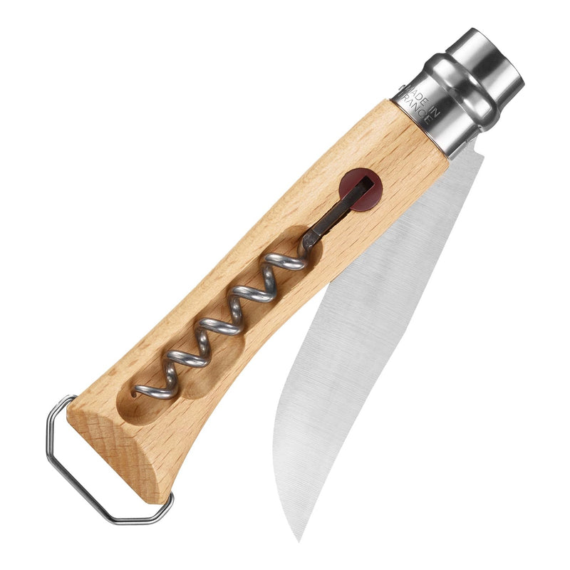 Opinel No. 10 Stainless Steel Corkscrew Wine and Cheese Folding Knife, Integrated Corkscrew + Bottle Opener, Beechwood Handle - Picnic Pocket Knife Made in France (Updated Version) Updated Version