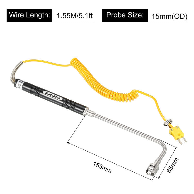 MECCANIXITY K Type Surface Thermocouple Temperature Probe Sensor Stainless Steel -58 To1472°F (-50 to 800°C) 5.1ft 15x155x65mm
