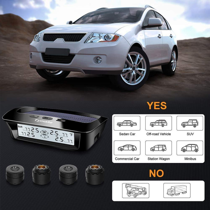 Tymate RV Tire Pressure Monitoring System - M12-3 Tire Pressure Monitor System (0-87 PSI) with Solar Charge, 5 Alarm Modes, Auto Sleep Mode, LCD Display, RV TPMS with 4 Sensors, Easy to Install 4-Sensors