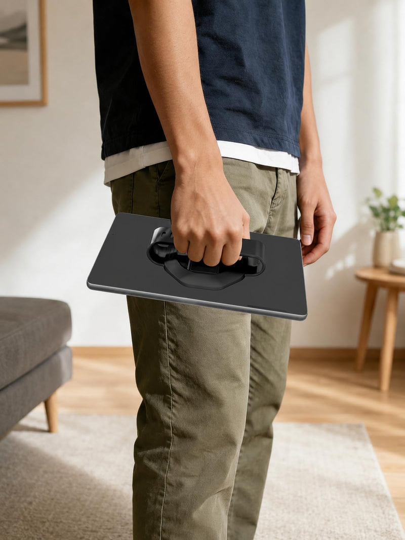 Tablet Hand Strap Holder and 360° Rotating Stand, Black | 360° rotating grip with silicone band and nano adhesive pad; fits iPad, Galaxy Tab, Xiaomi, Vivo and Huawei tablets.