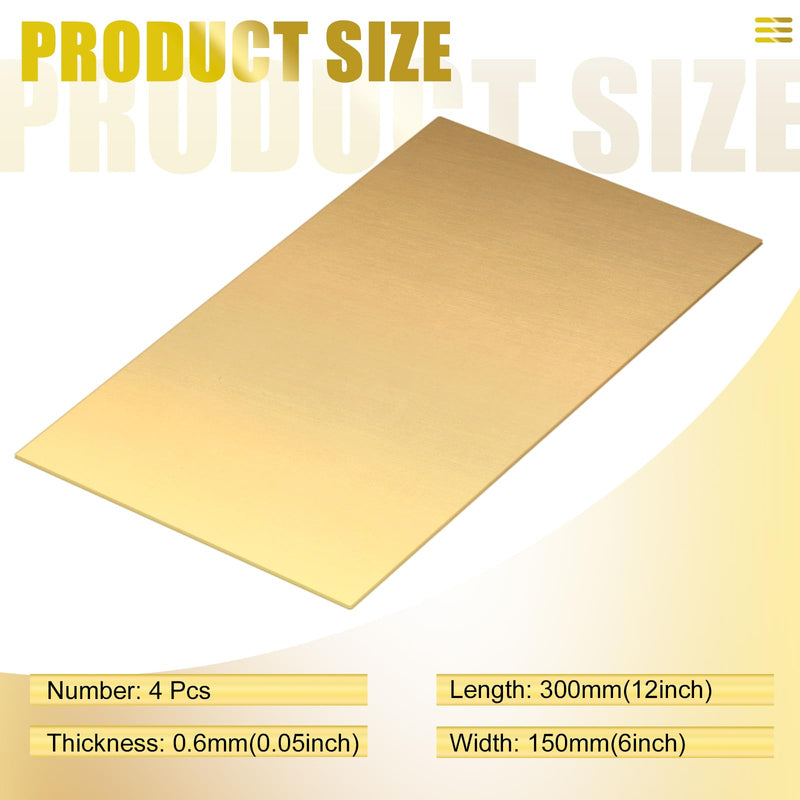 Yaocom 4 Pieces Brass Sheet 6" x 12", 22 Gauge(0.6mm) Thickness Brass Plates for Engraving Crafting Carving DIY Film Attached Thin Metal Sheets