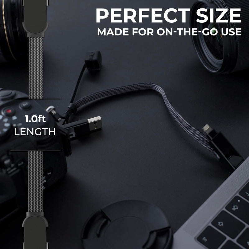 Rolling Square inCharge XL 6-in-1 Multi Charging Cable, Portable USB and USB-C Cable with 100W Ultra-Fast Charging Power, 1 Ft/0.3m, Urban Black