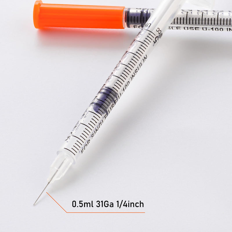 31G 0.5cc 1/4 Inch (6mm) Syringe with Needle, Individually Wrapped, Pack of 100 0.5ml-31G-1/4mm