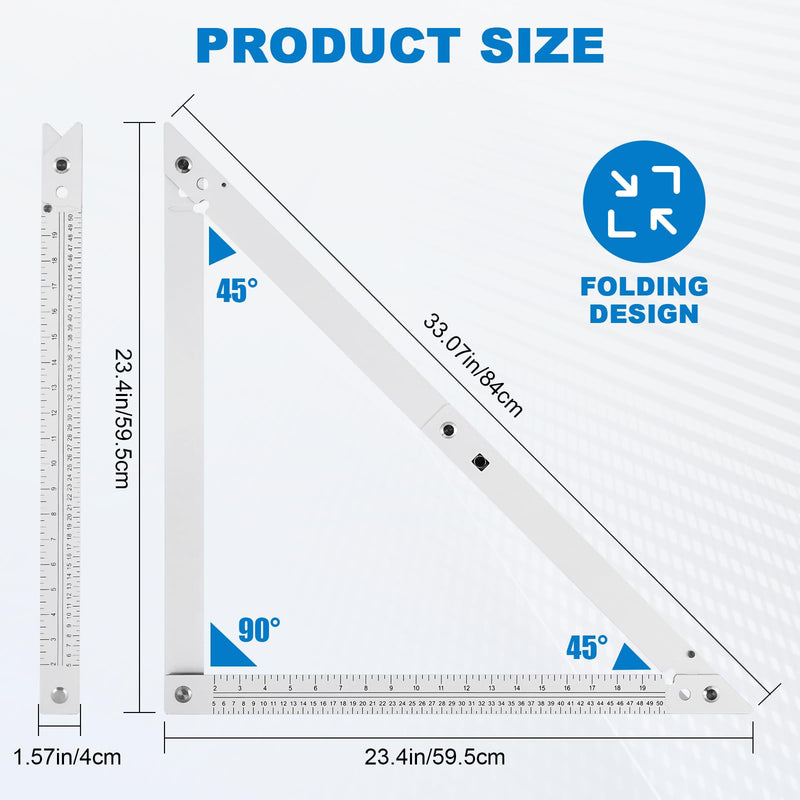 Folding Triangle Ruler 23.4inchs, Aluminum Framing Square Carpentry Squares Construction Framing Tool Collapsible Square Right Angle Ruler 23.4inch