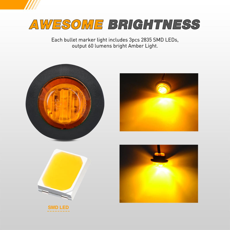 GOOACC 3/4 Inch Bullet Side Marker Light 10PCS Amber Round Clearance LED Front Rear Indicator Lights for Trailer Van Caravan Boat Truck RV Car Bus