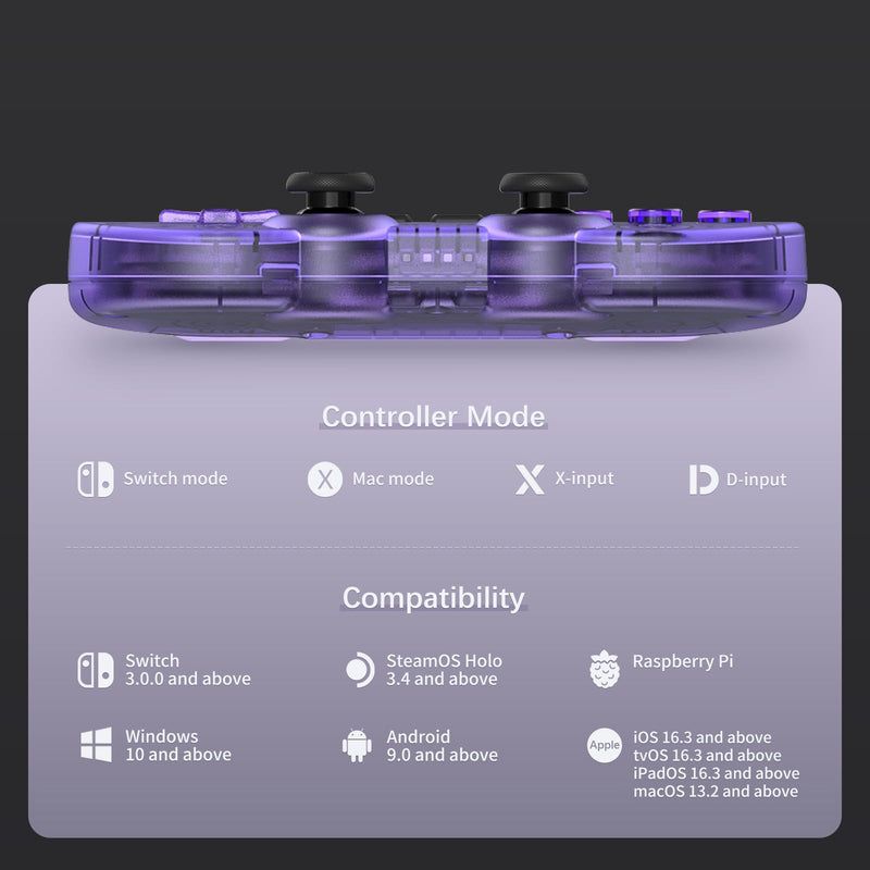 8Bitdo SN30 Pro Wireless Bluetooth Controller, Hall Effect Joystick | Rumble Vibration USB-C Cable Gamepad Compatible with Switch/Switch 2,Windows, Mac OS, Android, Steam - Crystal Purple