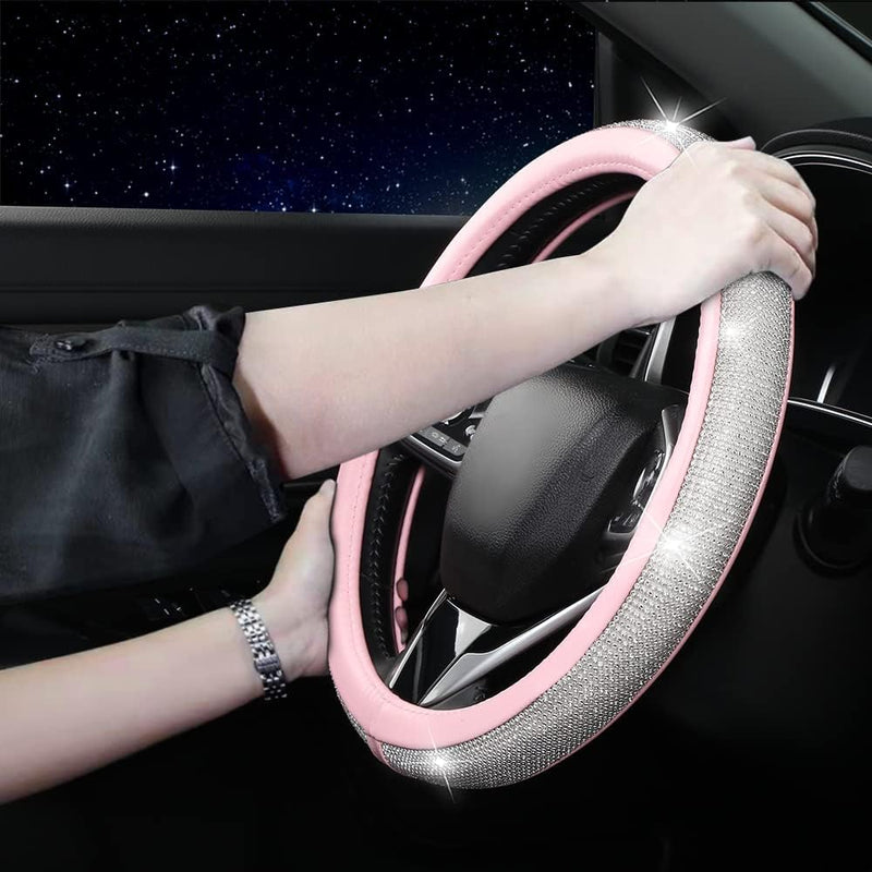 Steering Wheel Cover Women Pink Bling Diamond Steering Wheel Cover, Leather Cute Steering Wheel Covers with Crystal Rhinestones, Breathable, Anti-Slip Universal Fit 14.5-15 Inch Bling Car Accessories White Pink