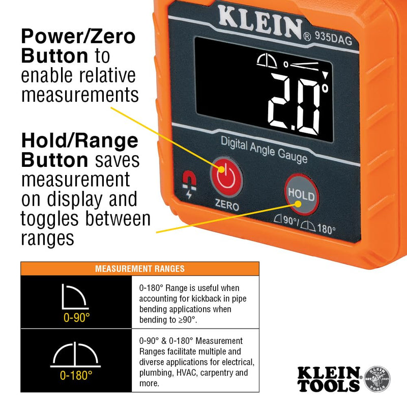 Klein Tools 935DAG Digital Electronic Level and Angle Gauge, Measures 0 - 90 and 0 - 180 Degree Ranges, Measures and Sets Angles Gauge / Level