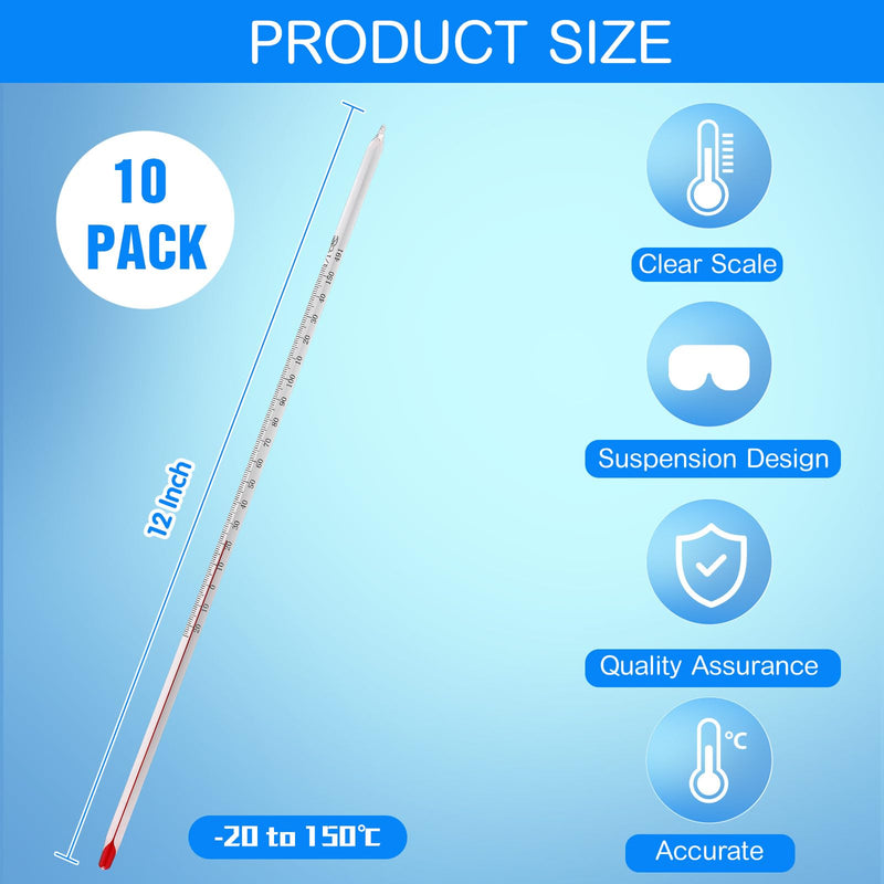 Relaxweex 10 Pcs General Purpose Lab Thermometer 12 Inch Total Immersion Glass Liquid -20 to 150℃ Liquid in Glass Thermometer for Laboratories, Universities, Food and Beverage Processing, Clear