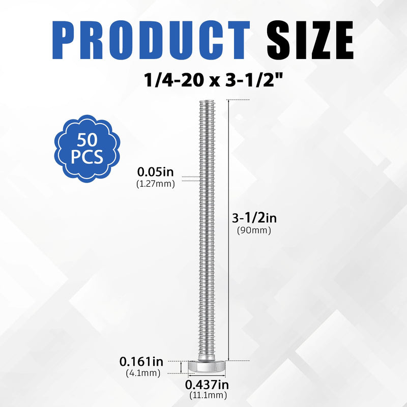 Zonon 50 Pcs 1/4-20 x 3-1/2" Hex Head Screw Bolt 18-8 (304) Stainless Steel Hexagon Bolts, Fully Threaded, Plain Finish, External Hex Drive (Silver) 1/4-20 X 3-1/2" Silver