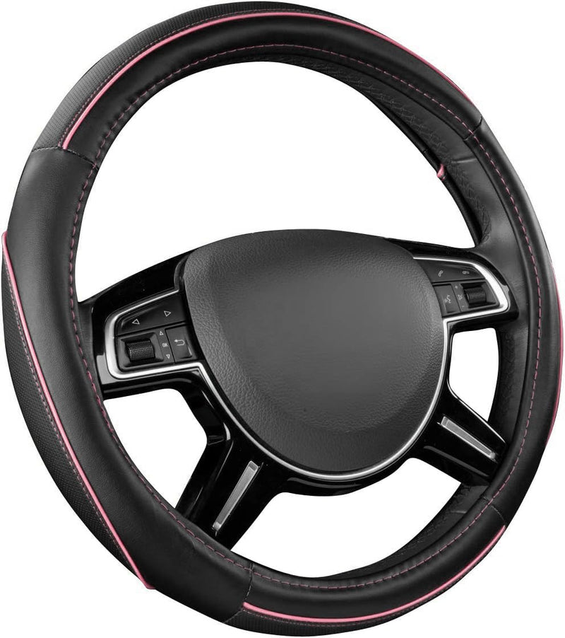 CAR Pass Colour Piping Leather Universal Fit Steering Wheel Cover, Perfectly fit for 14.5-15 inches Suvs, Vans, Trucks, Sedans, Cars (Black&Pink) Black&Pink