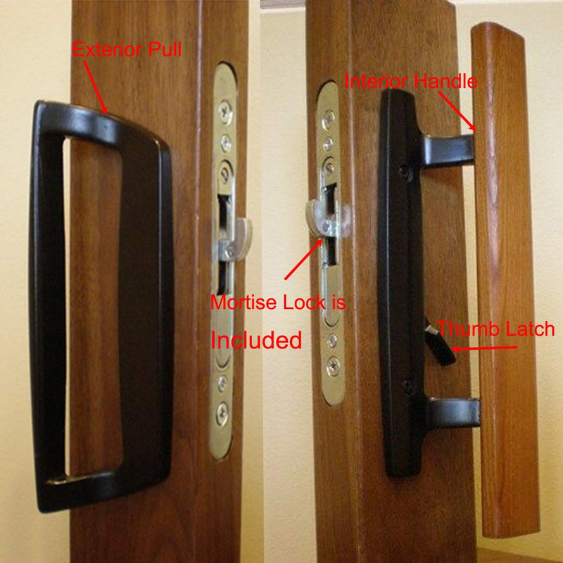 HauSun Sliding Glass Patio Door Handle Set Oak Wood Interior Handle and Exterior Pull in White Diecast Finish+Mortise Lock 45° Keyway Fits 3-15/16” Screw Hole Spacing, Non-keyed with Latch Locks Black