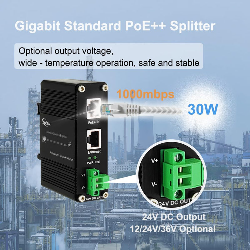 Industrial Gigabit 30W PoE+ Splitter IEEE802.3at/af 24V DC Output with Terminal Block, 10/100/1000Mbps, -40~80°C Power Supply for Security Cameras, Access Control Systems 30W PoE Input 24V DC Out