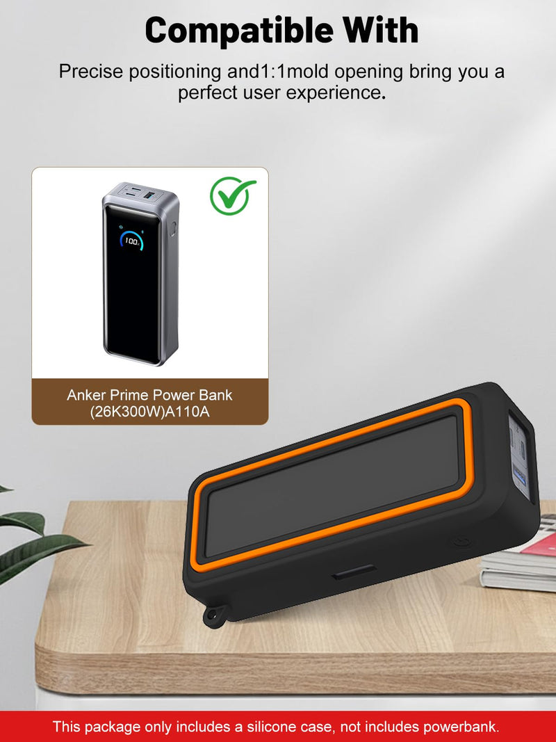 Silicone Protective Case for Anker Prime Power Bank 26,250mAh 3-Port Portable Charger, Full-Body Protective Cover with Precise Cutouts, Shockproof & Scratch-Resistant Sleeve (Black with Orange Line)