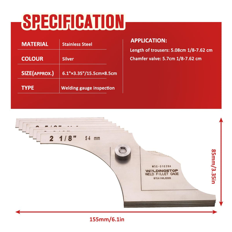 WeldingStop Welding Gauge Weld Fillet Leg Length Gage 2''1/8-3'' Inch Laser Carving Stainless Steel 8 pcs 2''1/8-3''