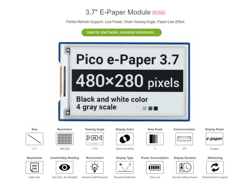 waveshare 3.7inch E-Paper E-Ink Display Module for Raspberry Pi Pico 480×280 Pixels Black/White SPI Interface Support Partial Refresh