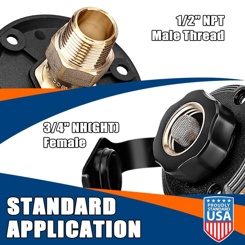 RV MURTS RV City Water Inlet with Brass Check Valve, 3/4" NH Female to 1/2" NPT Male Camper Fresh Water Fill Inlet Replacement, Lead-Free Water Connection with Dust Plug for Trailer Hose Connector.