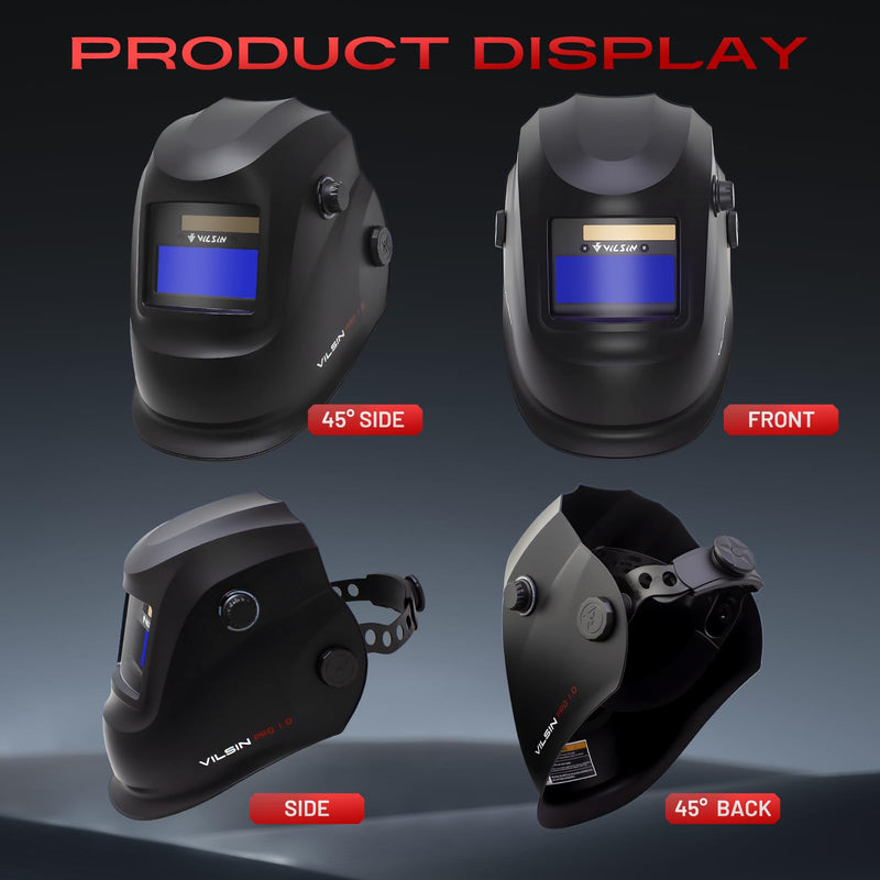 VILSIN Welding Helmet Auto Darkening Solar Powered Welding Hood with 2 Arc Sensor,Wide Shade 3/4-8/9-13 for TIG MIG ARC Weld Grinding Welder Helmet,Black Black