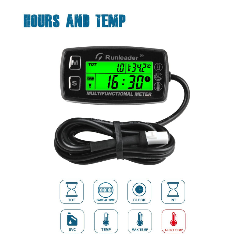 Runleader Digital Tach Hour Meter,Engine Water Oil Temperature Gauge,Alert RPM & Temp,Backlights Display for Lawn Tractor Compressor Generator Snowmobile Marine Jet Ski Pit Bike (RL-HM035A-TS001) RL-HM035A-TS001