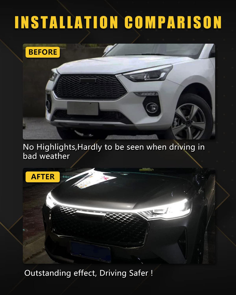 YM E-Bright Led Hood Light Strip Exterior Car Led Strip Light Waterproof Flexible DRL Dynamic Scan Start Up Hoodbeam Kit Daytime Running Lights for Car,Truck,SUV,12V 59inch,White,1 Set Dynamic White 59 inches