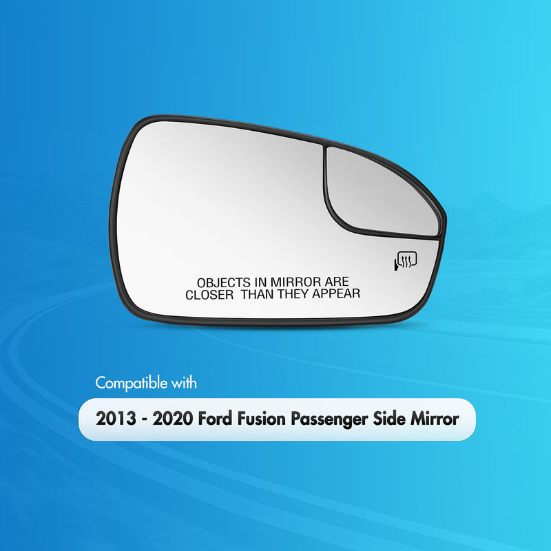 Passenger Side Mirror Replacement for Ford Fusion 2013 2014 2015 2016 2017 2018 2019 2020, Right Side Exterior Mirror Glass, Heated, Chrome Convex Mirror with Backing Plate DS7Z17K707B Passenger Side(RH)