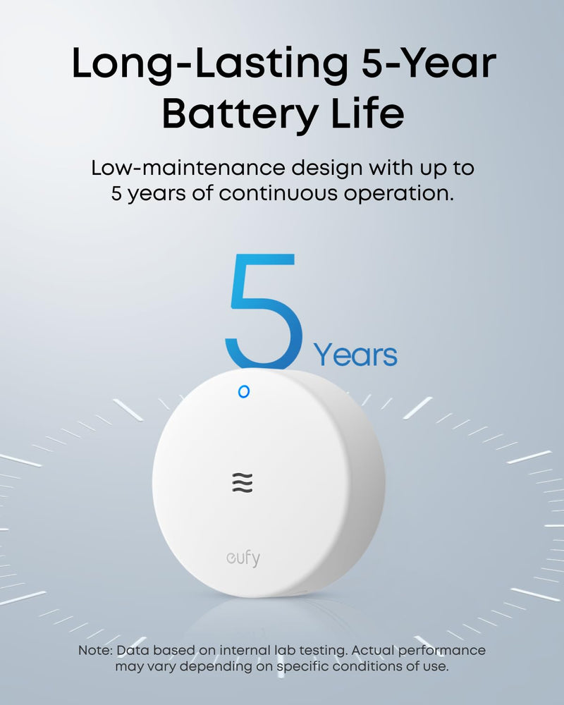 eufy Water Leak and Freeze Sensor E20, Dual Detection, Extended Reach with Cable, Built-in Alert with 75 dB Alarm, Long-Lasting 5-Year Battery Life, Requires HomeBase 2, 3, Mini, or Pro
